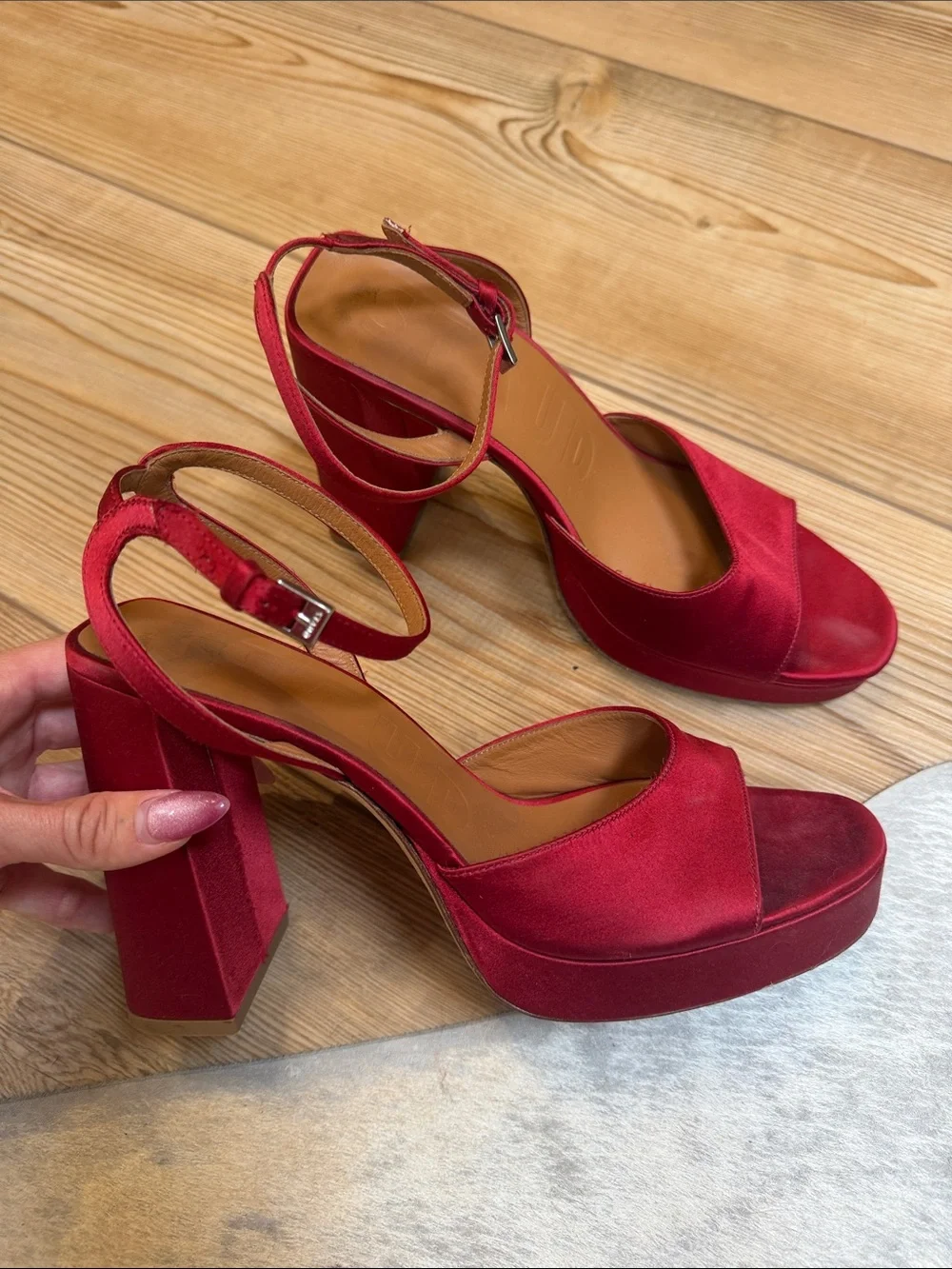 STAUD Red Satin Platform Block Heel Sandals